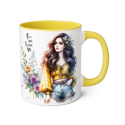 Bohemian Floral Accent Mug, Free and Loving Me Coffee Cup, Gift for Her, Unique Art Mug, Morning Beverage Lover's Gift