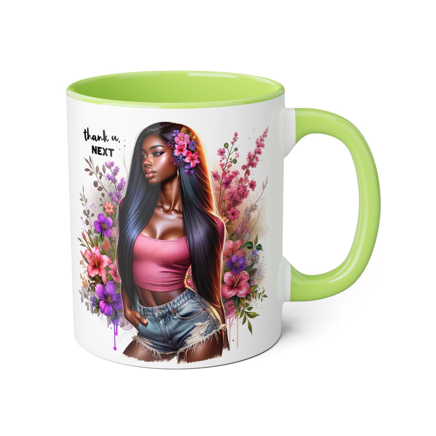 Thank U, Next Floral Accent Mug, Thank U Next Quote, Gift for Her, Coffee Cup, Unique Art, Black Handle Mug