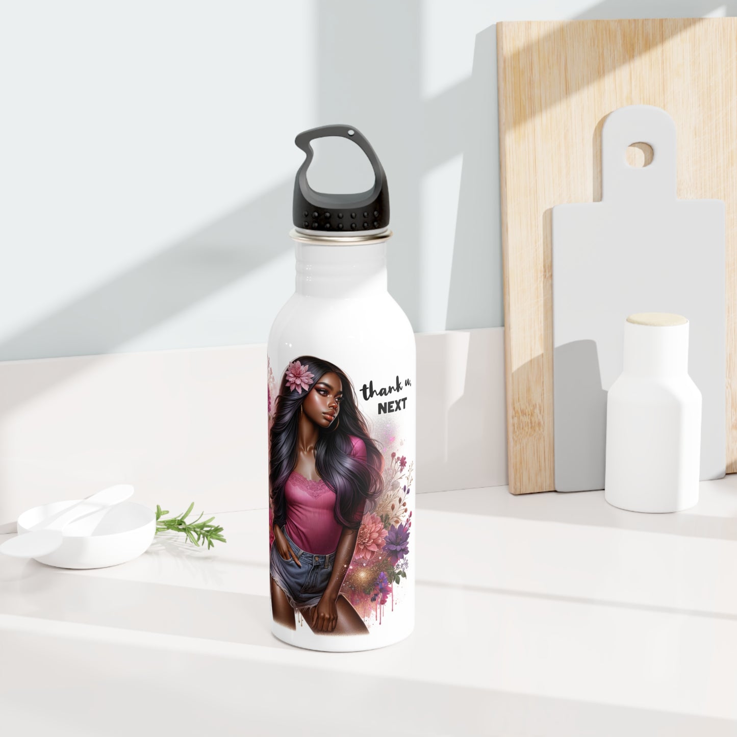 Thank U, Next Floral Stainless Steel Water Bottle | Thank You Next, Eco-Friendly, Water Bottle Gift, Summer Hydration, Artist Design, Floral Water Bottle