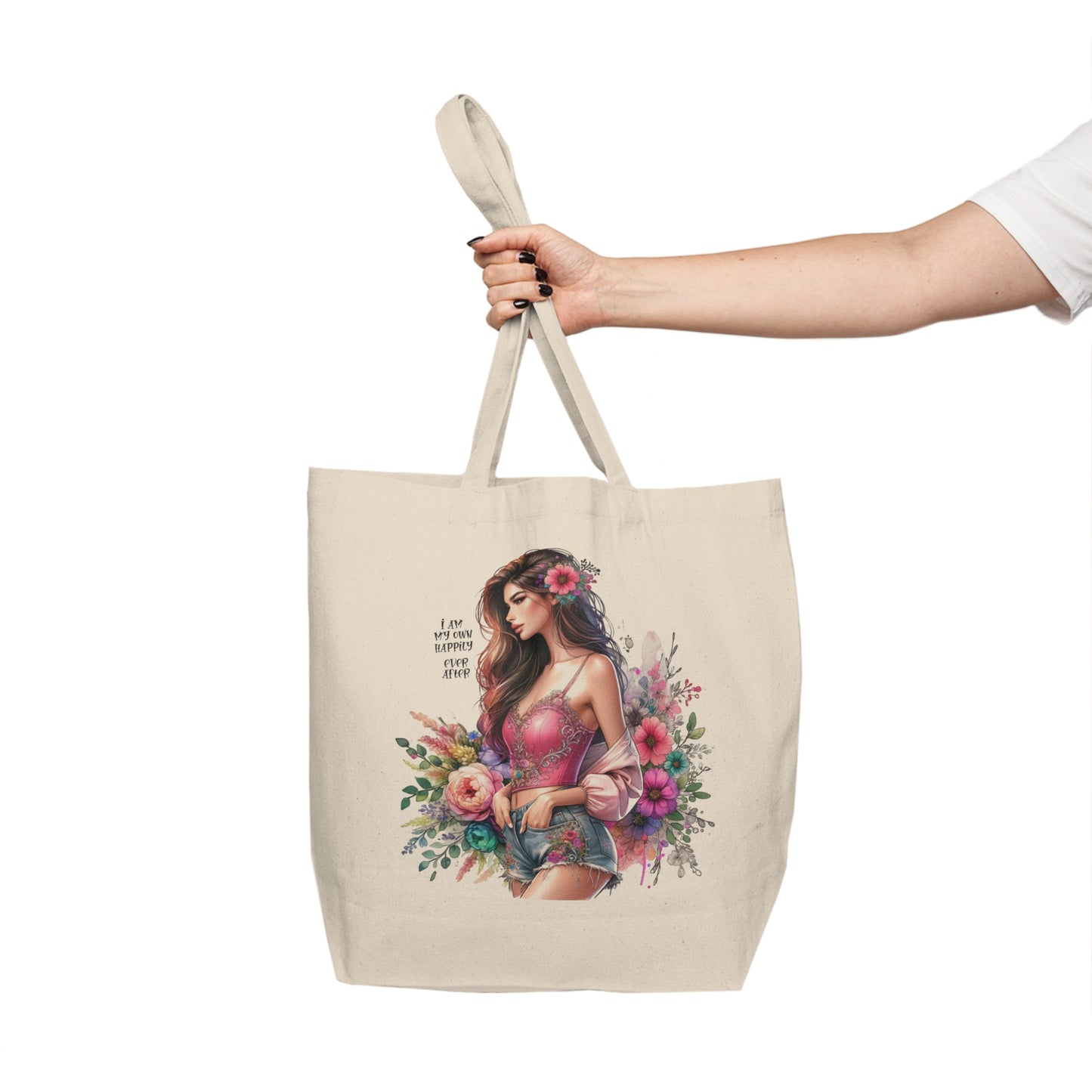 I Am My Own Happily Ever  After Floral Chic Canvas Tote Bag, Eco-Friendly Shopping Bag, Summer Beach Tote, Gift for Her, Boho Style Bag