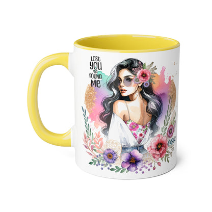Lost You and Found Me Bohemian Floral Accent Mug, Inspirational Coffee Cup, Gift for Her, Self-Care Essentials, Unique Home Decor, Personalized Drinkware