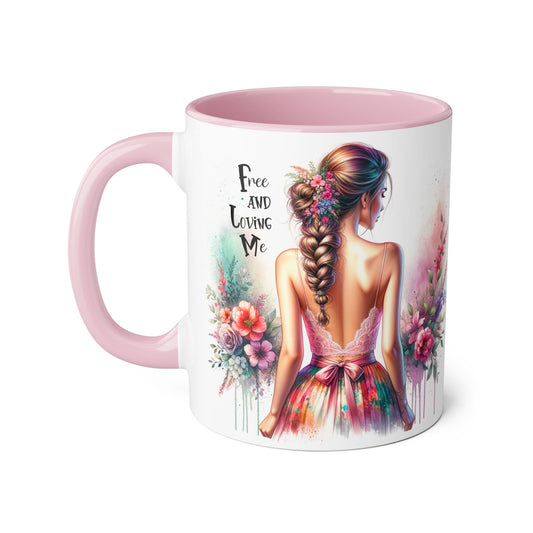 Colorful Floral Accent Mug - "Free and Loving Me" - Unique Gift for Friends, Tea Lovers, Home Decor, Inspirational Quote