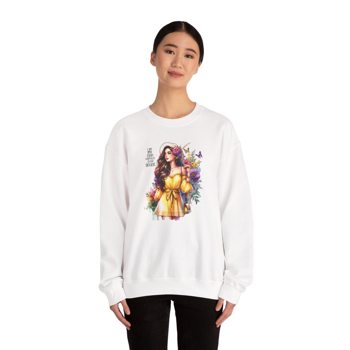 I Am My Own Happily Ever After  Floral Goddess Crewneck Sweatshirt - Boho Chic, Cozy Style, Perfect for Spring, Gift for Her, Casual Wear, Everyday Comfort
