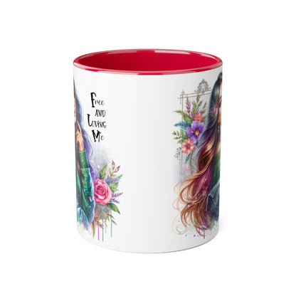 Bohemian Chic Accent Mug, Free and Loving Me 11oz Coffee Cup, Gifts for Her, Artistic Drinkware, Unique Home Decor, Floral Coffee Mug
