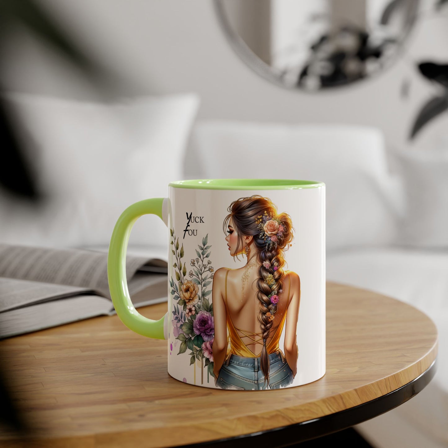 Yuck Fou Stylish Flower Girl Accent Mug, 11oz Coffee Cup, Unique Gift, Home Decor, Floral Mug for Friends, Mothers Day, Inspirational Quotes