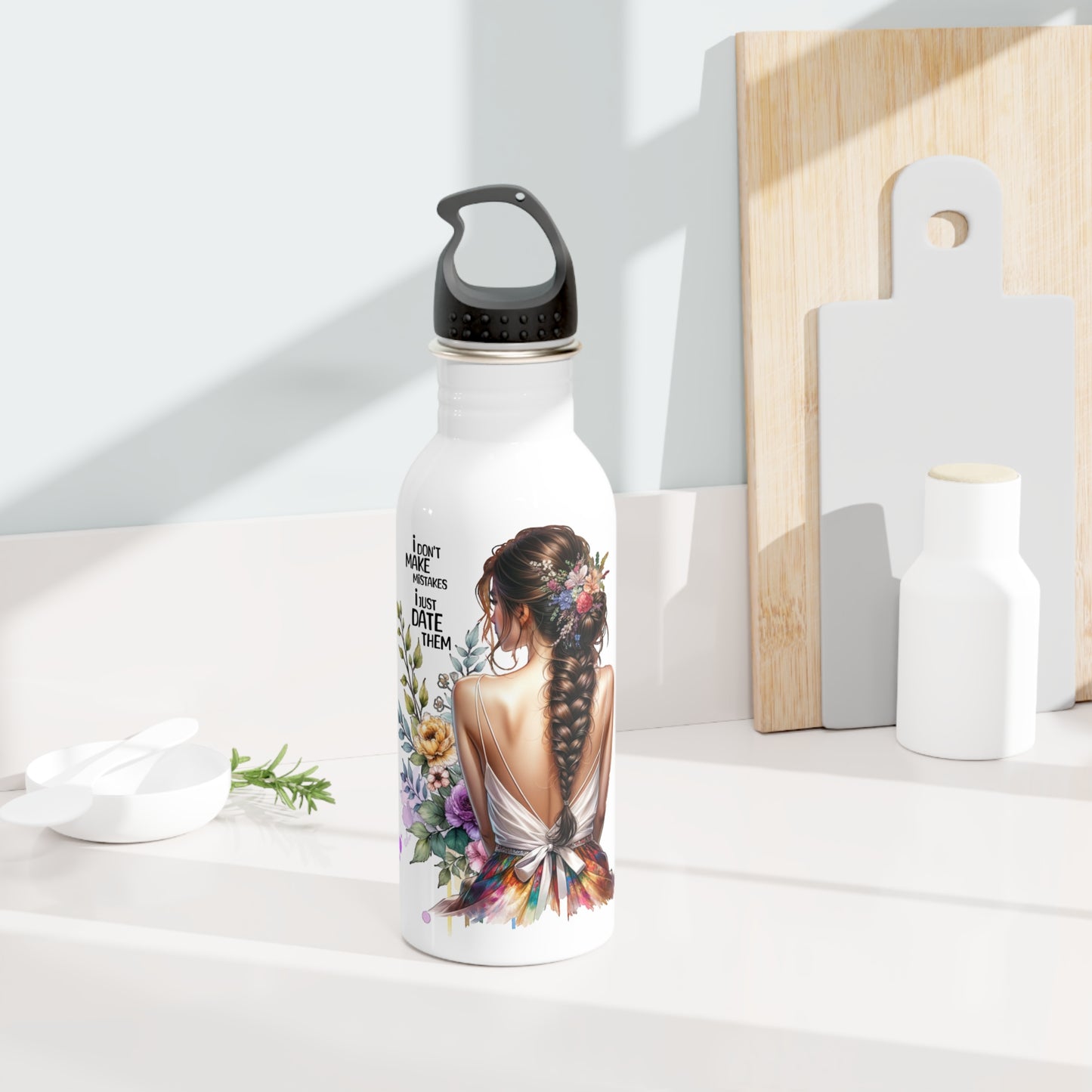 I Don't Make Mistakes, I Date Them Floral Motivational Water Bottle, Inspirational Stainless Steel Bottle, Eco-Friendly Hydration, Gift for Her, Fitness and Yoga Accessory