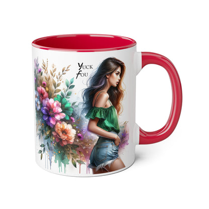 Yuck Fou Floral Accent Mug, 11oz Ceramic Coffee Cup, Inspirational Gift, Home Decor, Unique Art Mug, Perfect for Coffee Lovers