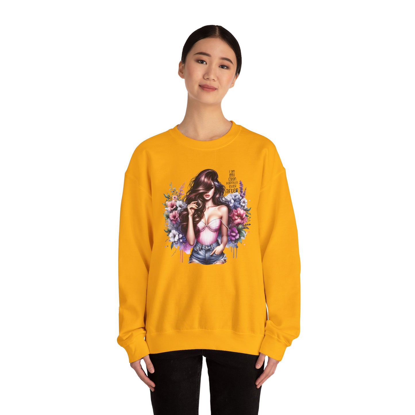 I Am My Own Happily Ever After  Floral Goddess Crewneck Sweatshirt, Cozy Women's Apparel, Boho Style, Gift for Her, Trendy Sweatshirt, Chic Layering Piece