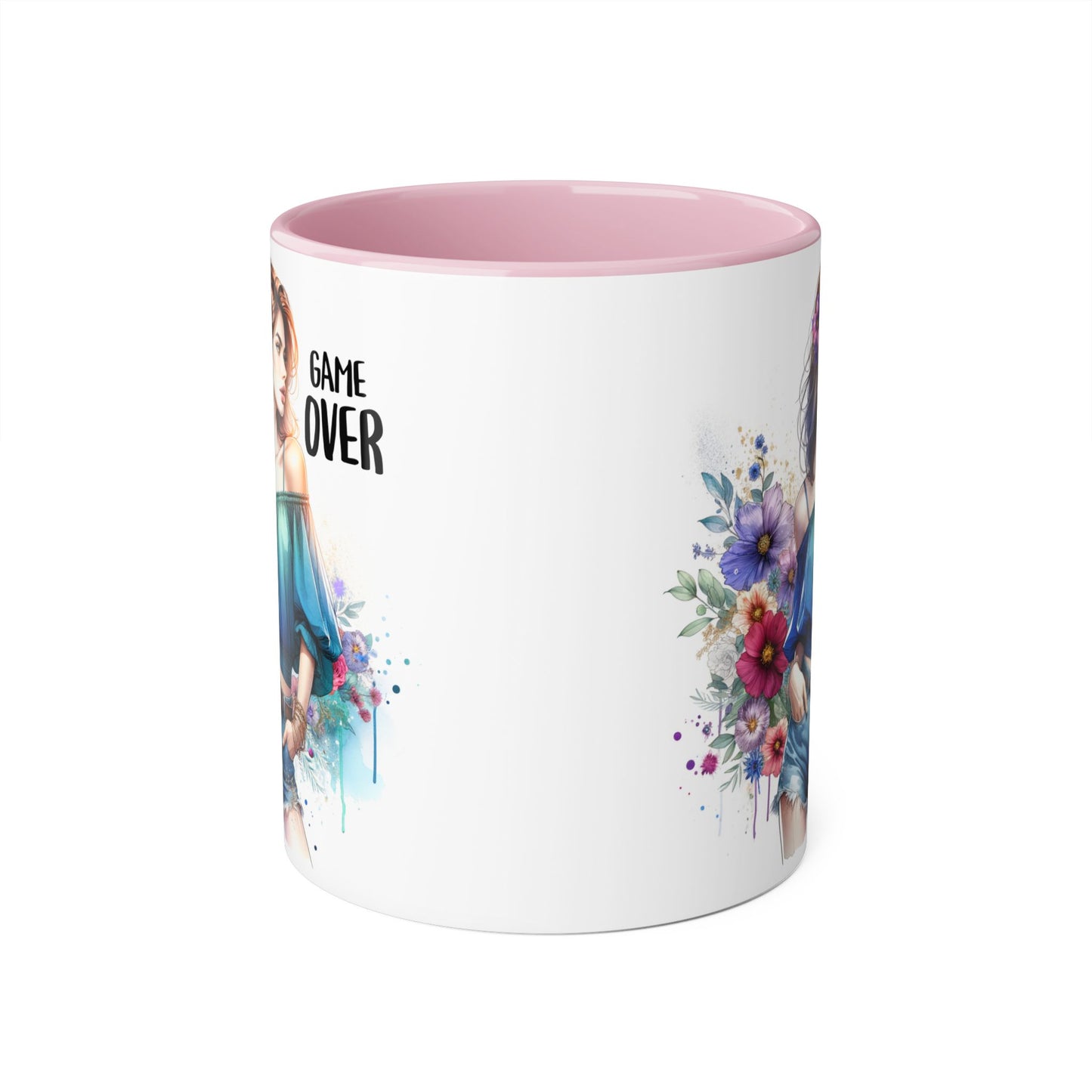 Vibrant Game Over Accent Mug - Floral Design, 11oz Coffee Cup, Unique Gift, for Gamers, Birthday or Everyday Use