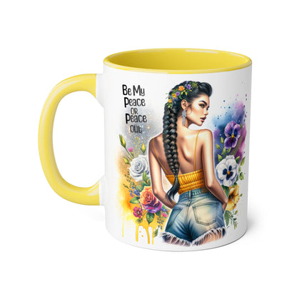Artistic Black Handle Mug with Inspirational Message, Be My Peace or Peace Out, Unique Gift for Coffee Lovers, Colorful Floral Design, [...]