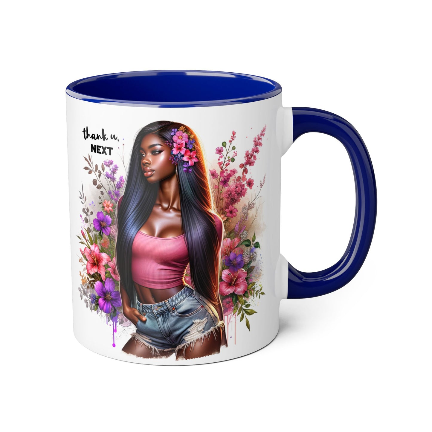 Thank U, Next Floral Accent Mug, Thank U Next Quote, Gift for Her, Coffee Cup, Unique Art, Black Handle Mug