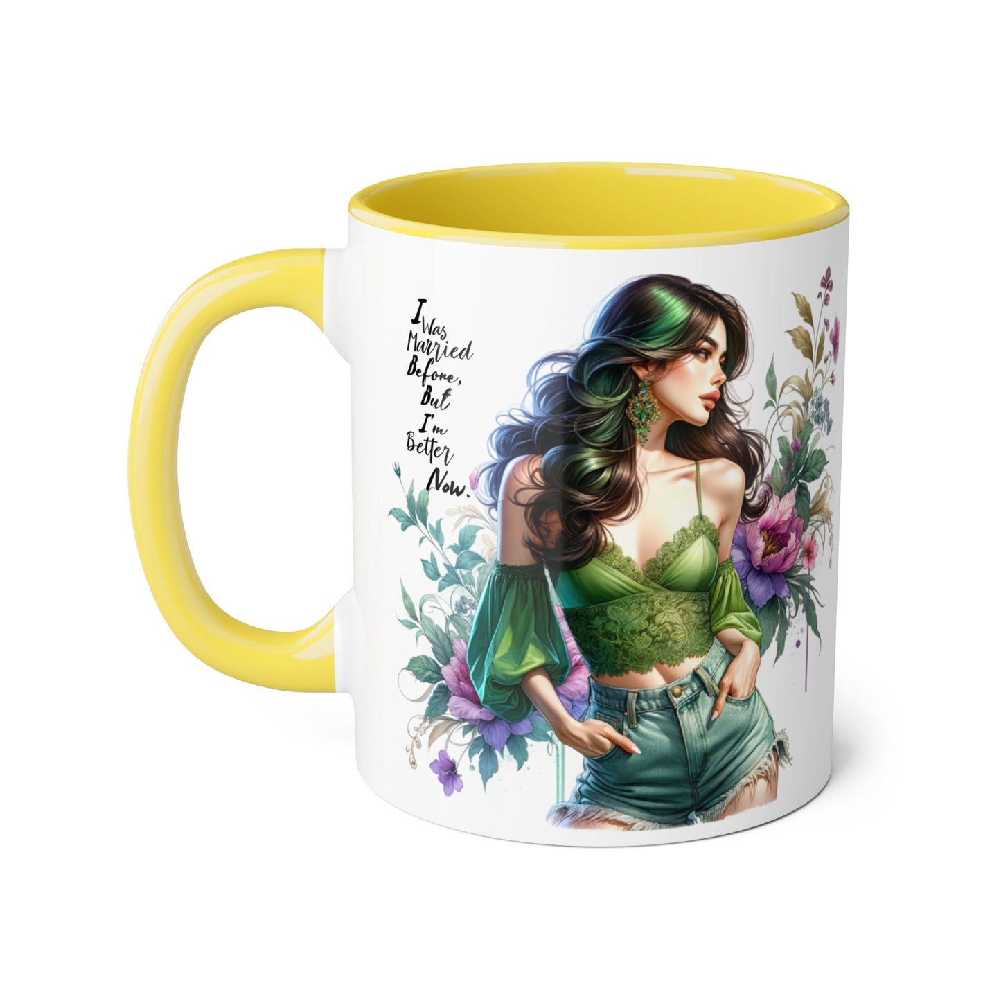 I Was Married Before But I'm Better Now Humoristic Floral Goddess Accent Mug, Inspirational Coffee Cup, Gift for Her, Boho Chic Drinkware, Unique Art Mugs, Home Decor