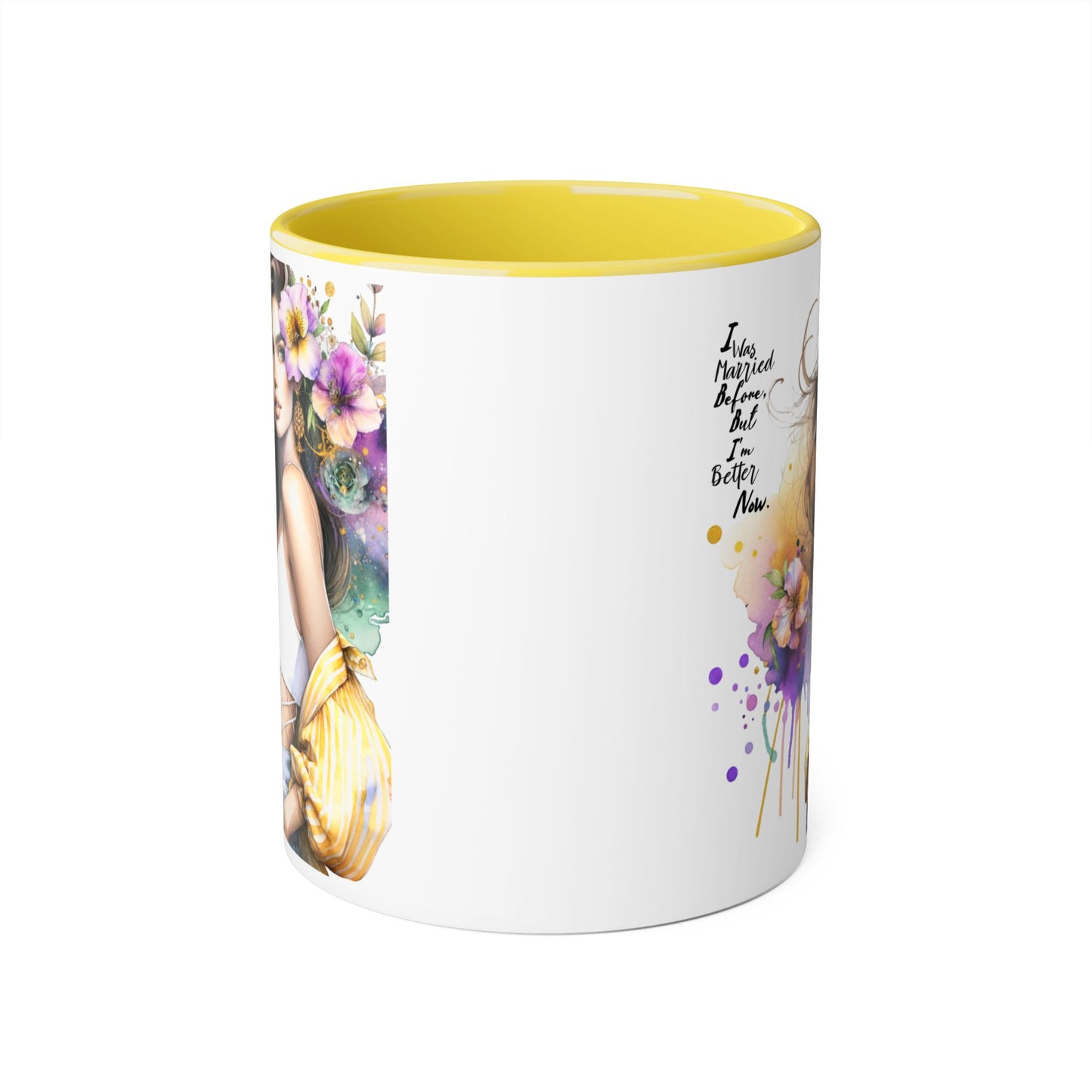 I Was Married Before But I'm Better Now Humoristic Artistic Accent Mug, Coffee Cup for Inspiration, Floral Design, Gift for Friends, Birthday, Home Decor, Motivational Drinkware