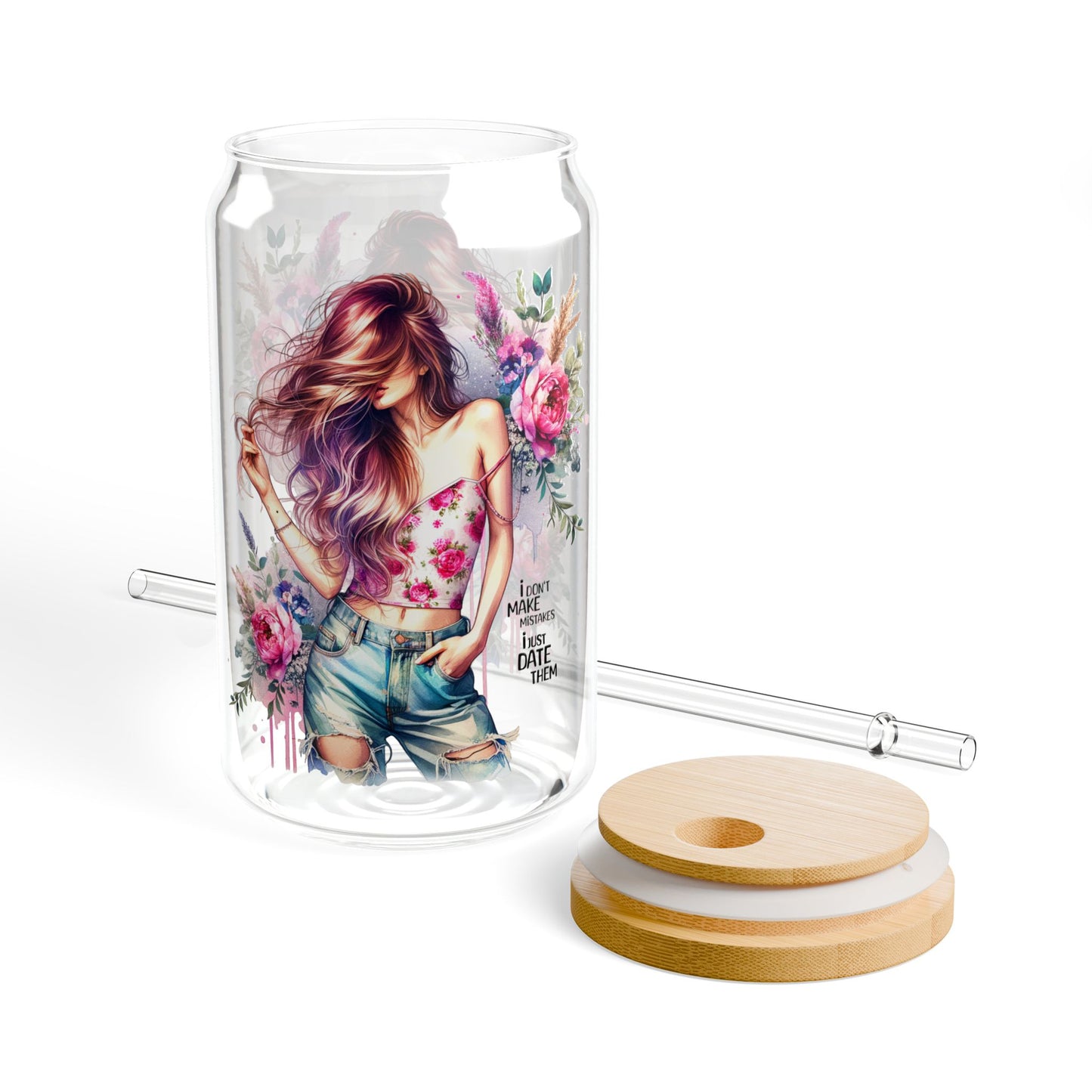 I Don't Make Mistakes, I Date Them Floral Sipper Glass, 16oz - Reusable Jar with Straw for Eco-Friendly Hydration, Perfect for Summer Picnics, Gifts for Her, Beach Days, [...]