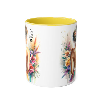 Free and Loving Me Empowering Quote Accent Mug, Inspirational Coffee Mug, Floral Design Mug, Unique Gift for Women, Motivational Drinkware