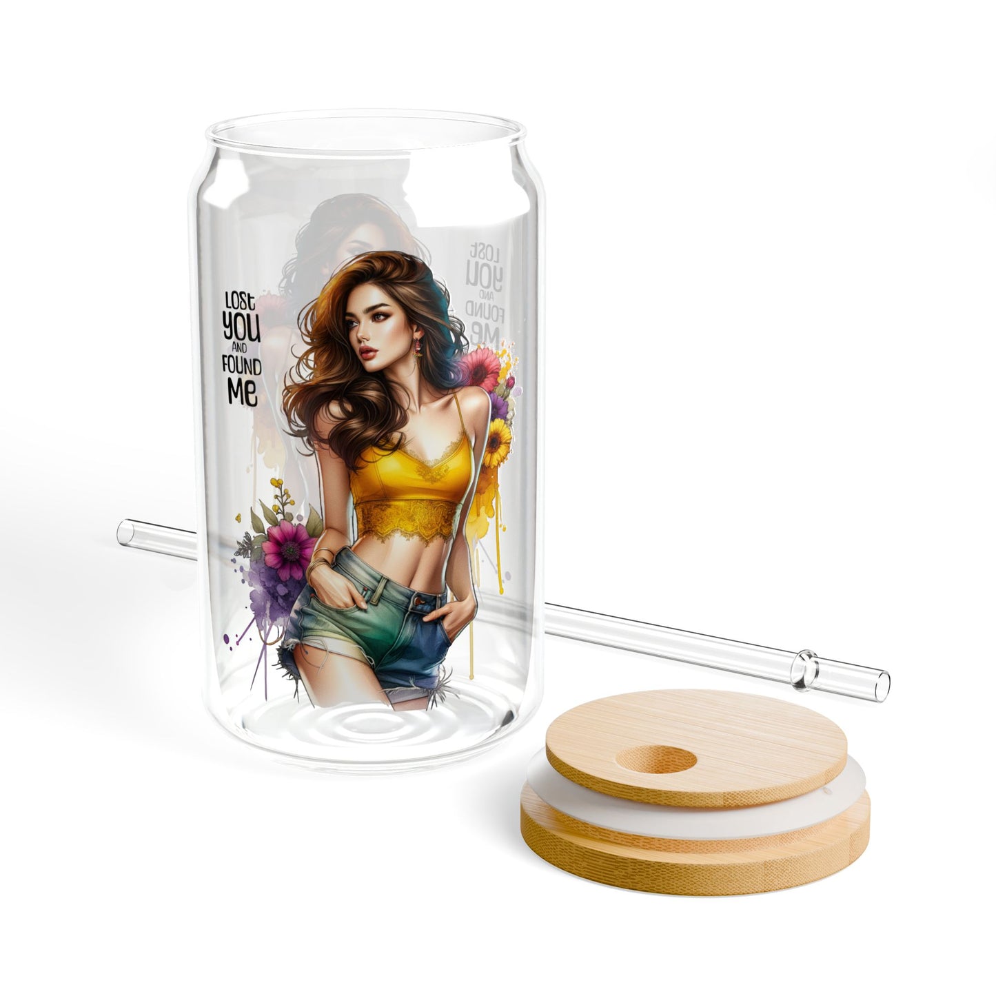 Lost You and Found Me Artistic Sipper Glass - 16oz, Ideal for Summer Parties, Unique Gift for Her, Floral Design Tumblers, Eco-Friendly Straw Glass
