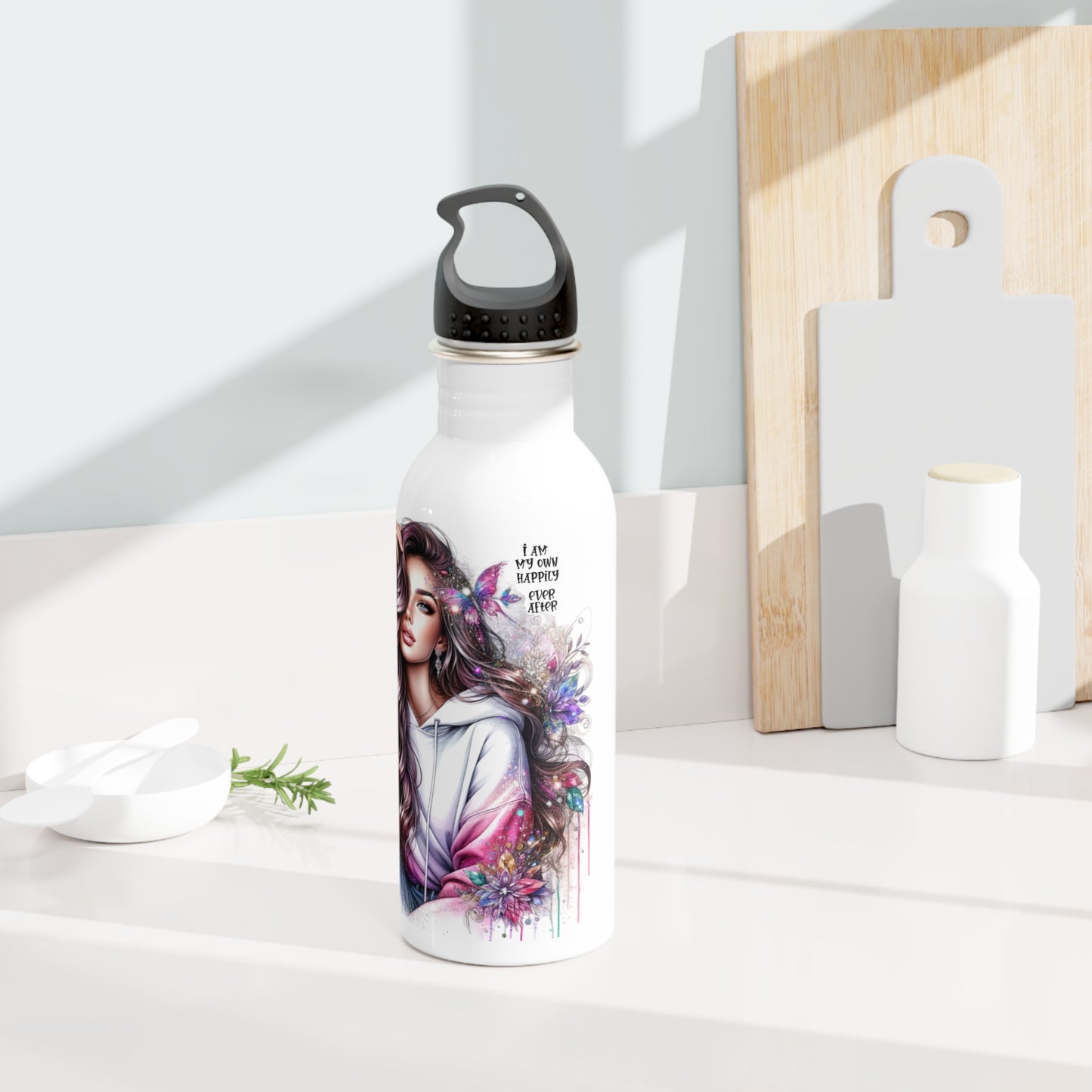 I Am My Own Happily Ever After Stylish Stainless Steel Water Bottle with Floral Design - Perfect for Active Lifestyles
