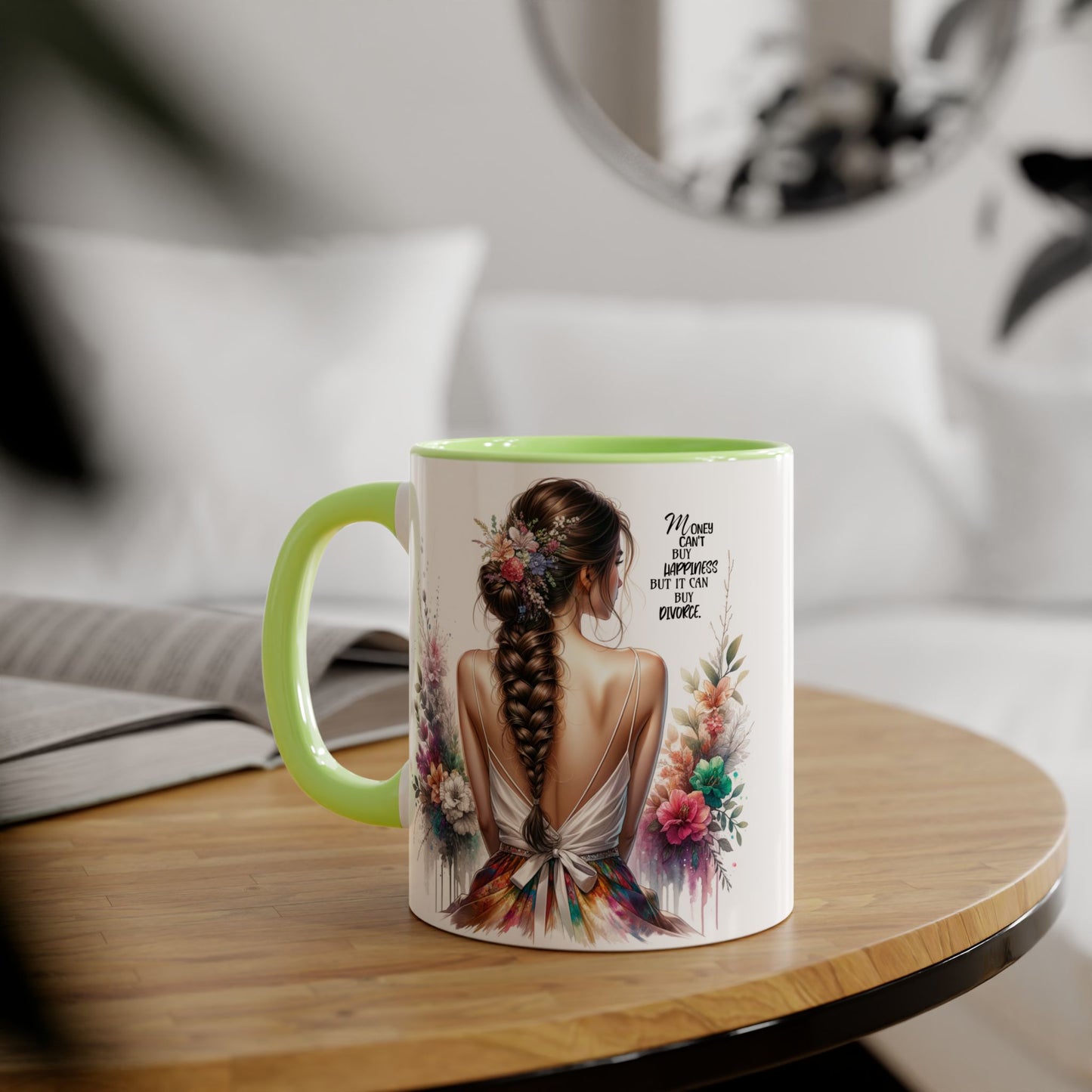 Money Can't Buy Happiness But It Can Buy Divorce Humoristic Inspirational Accent Mug, 11oz Coffee Cup for Women, Gift for Her, Floral Design, Motivational Quote Mug, Birthday Gift