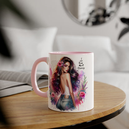 I Can Buy Myself Flowers Floral Art Coffee Mug, Botanical Gift for Her, Colorful Mug for Tea, Art Lover Present, Inspirational Quote Cup