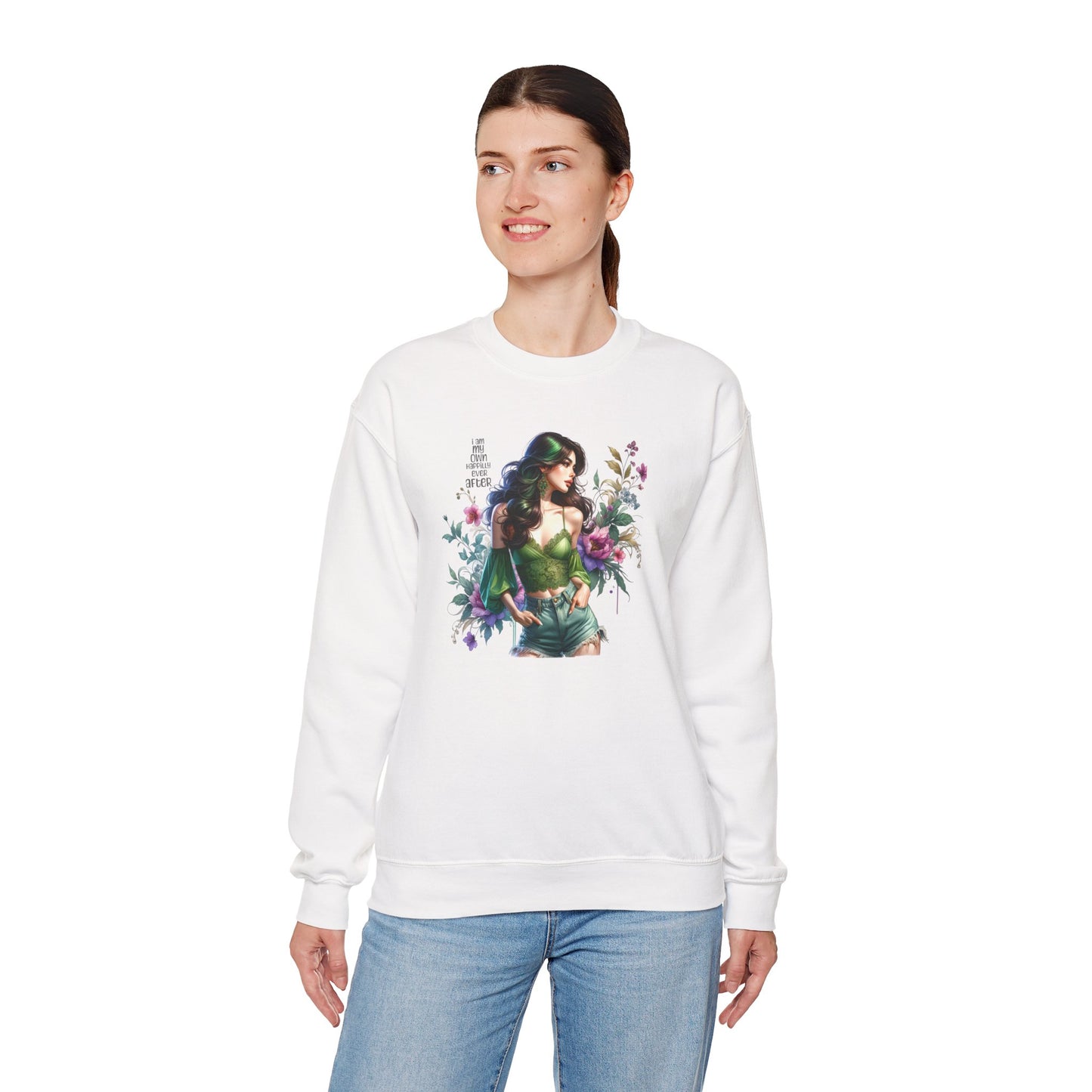 I Am My Own Happily Ever After  Heroine Floral Sweatshirt | Unisex Cozy Crewneck, Gift for Her, Vintage Style, Plant Lover's Apparel, Superhero Inspired
