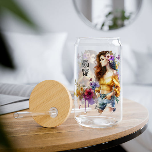 Lost You and Found Me Colorful Floral Sipper Glass, 16oz Drinkware, Summer Vibes, Gift for Her, Eco-Friendly Beverage Jar, Party Drink Container