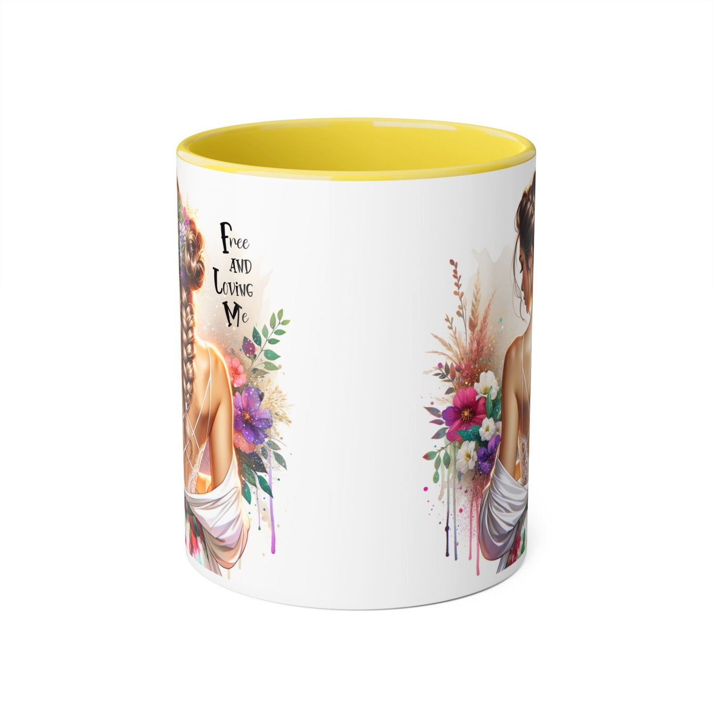 Bohemian Floral Accent Mug, Free and Loving Me Coffee Cup, Gifts for Her, Birthday, Inspirational Drinkware, Home Decor