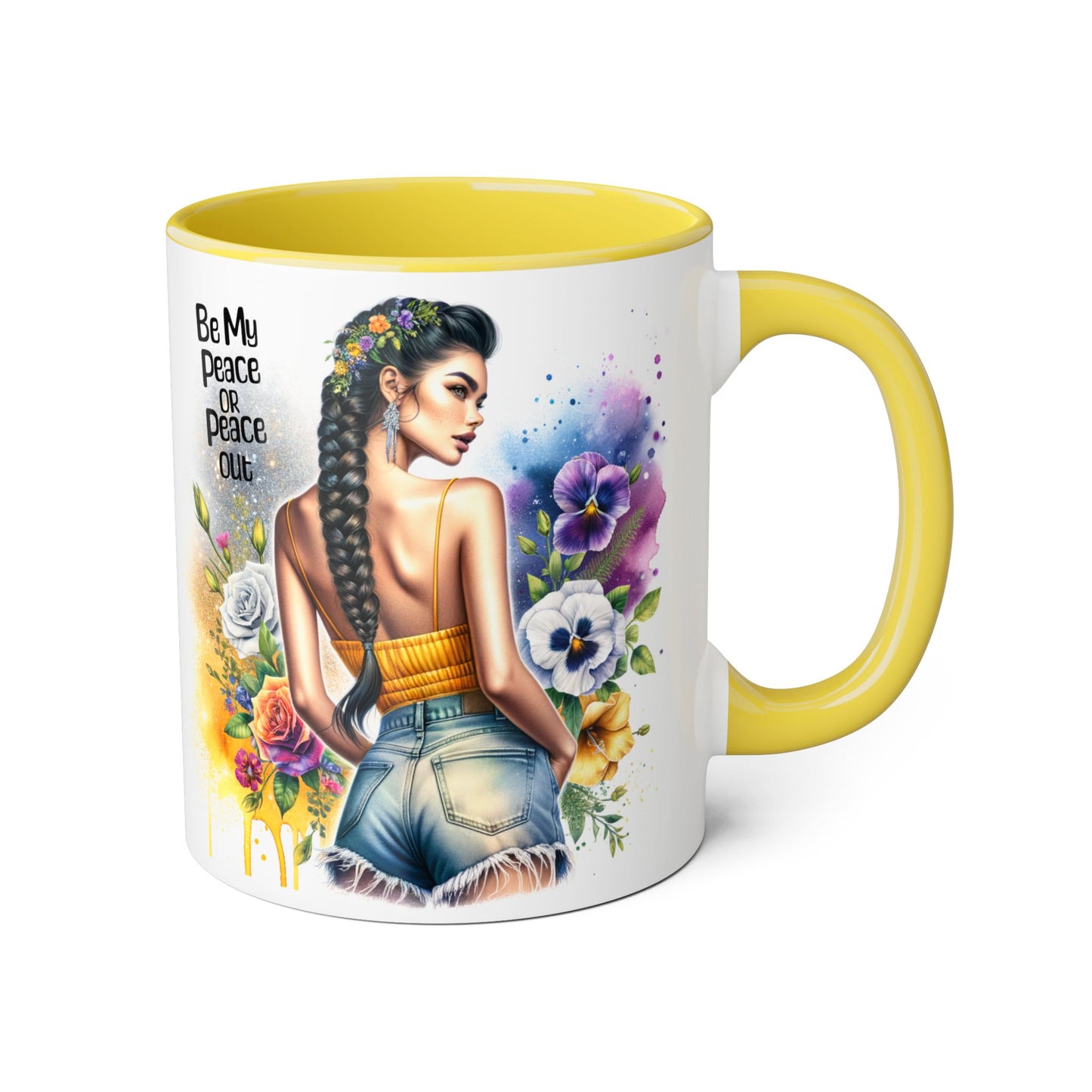 Artistic Black Handle Mug with Inspirational Message, Be My Peace or Peace Out, Unique Gift for Coffee Lovers, Colorful Floral Design, [...]