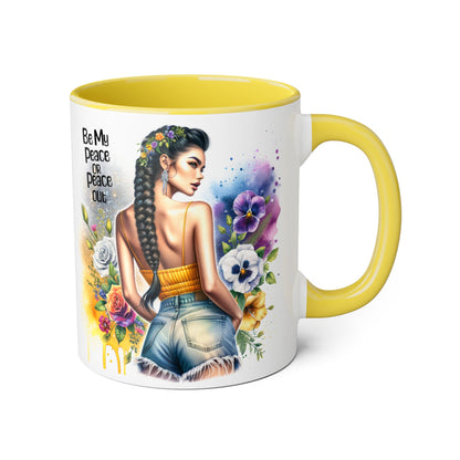 Artistic Black Handle Mug with Inspirational Message, Be My Peace or Peace Out, Unique Gift for Coffee Lovers, Colorful Floral Design, [...]