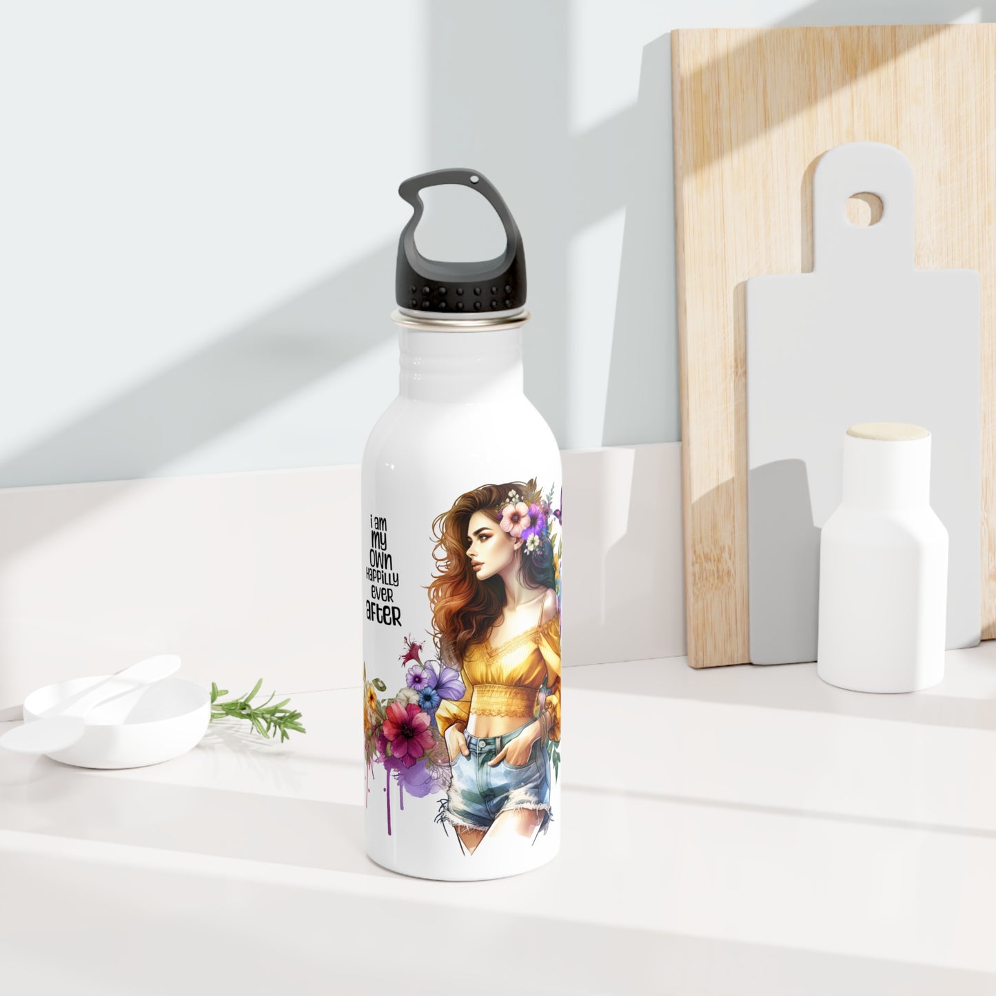 I Am My Own Happily Ever After Empowered Floral Stainless Steel Water Bottle, Motivational Drinkware, Gift for Her, Eco-Friendly Water Bottle, Custom Water Bottle