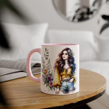 Bohemian Floral Accent Mug, Free and Loving Me Coffee Cup, Gift for Her, Unique Art Mug, Morning Beverage Lover's Gift