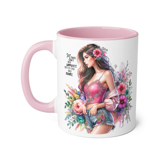 Money Can't Buy Happiness But It Can Buy Divorce Humoristic Floral Inspirational Mug, Gift for Friends, Coffee Cup, Tea Lover, Flower Design, Motivational Quote, Birthday Gift