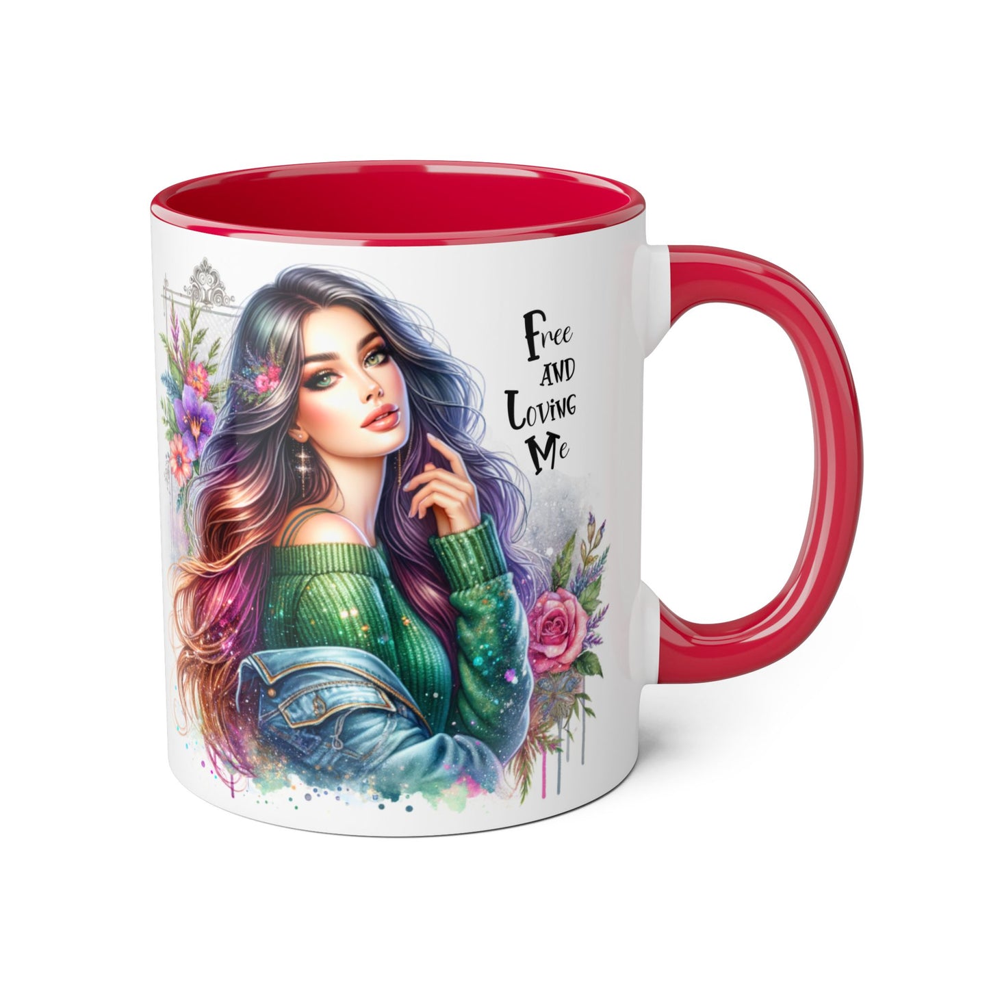 Bohemian Chic Accent Mug, Free and Loving Me 11oz Coffee Cup, Gifts for Her, Artistic Drinkware, Unique Home Decor, Floral Coffee Mug