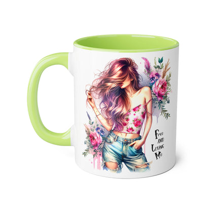 Bohemian Floral Accent Mug - Free and Loving Me, Gift for Her, Coffee Cup, Inspirational Drinkware, Tea Lover, Home Decor