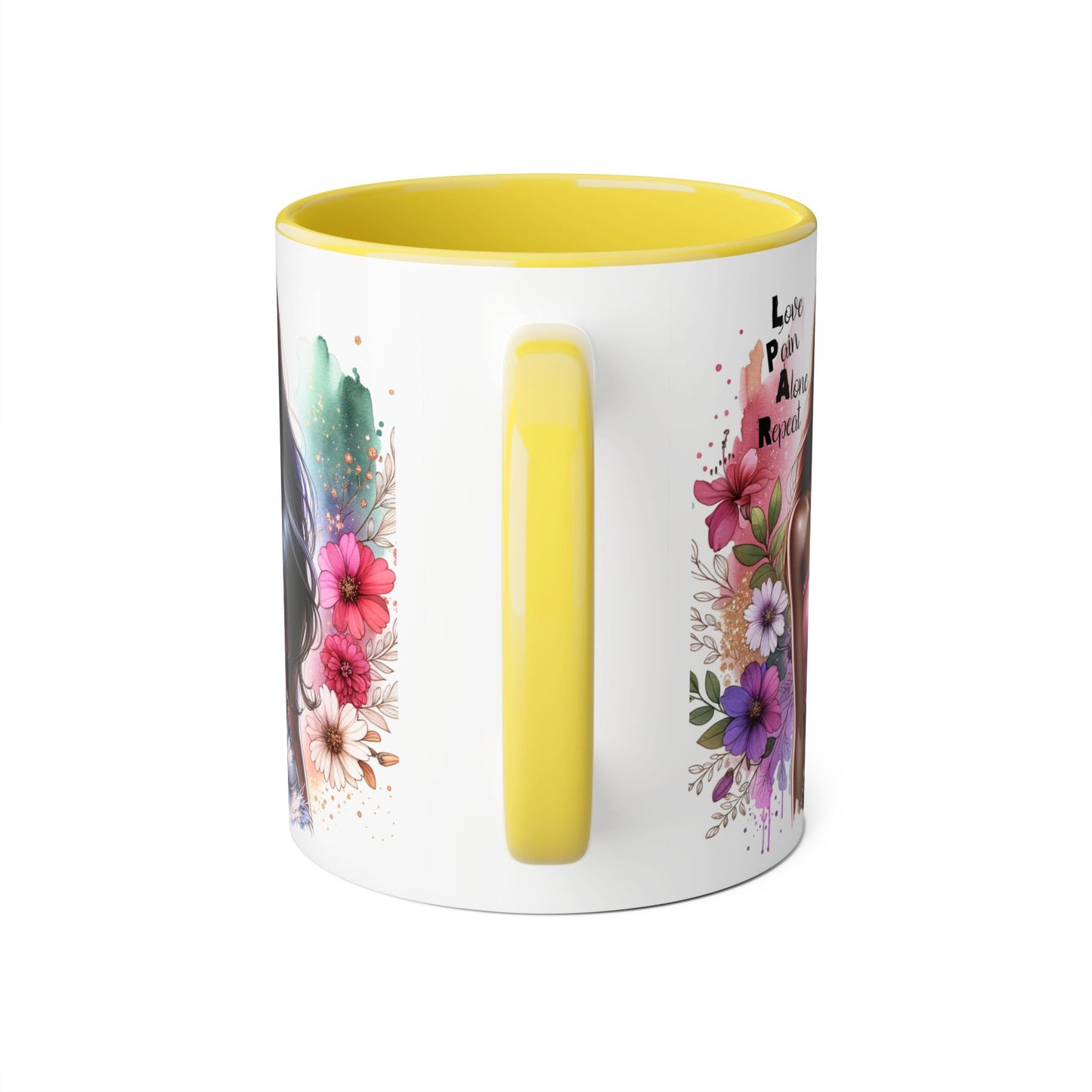 Vibrant Floral Accent Mug - Love, Pain, Alone, Repeat | Perfect Gift for Friends, Birthdays, Affirmation Mug, Coffee Lover