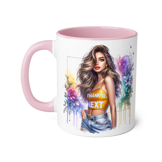 Thank U, Next Vibrant Floral Accent Mug | Unique Coffee Cup, Gift for Her, Artful Drinkware, Boho Style, Colorful Tea Mug, Inspirational Design