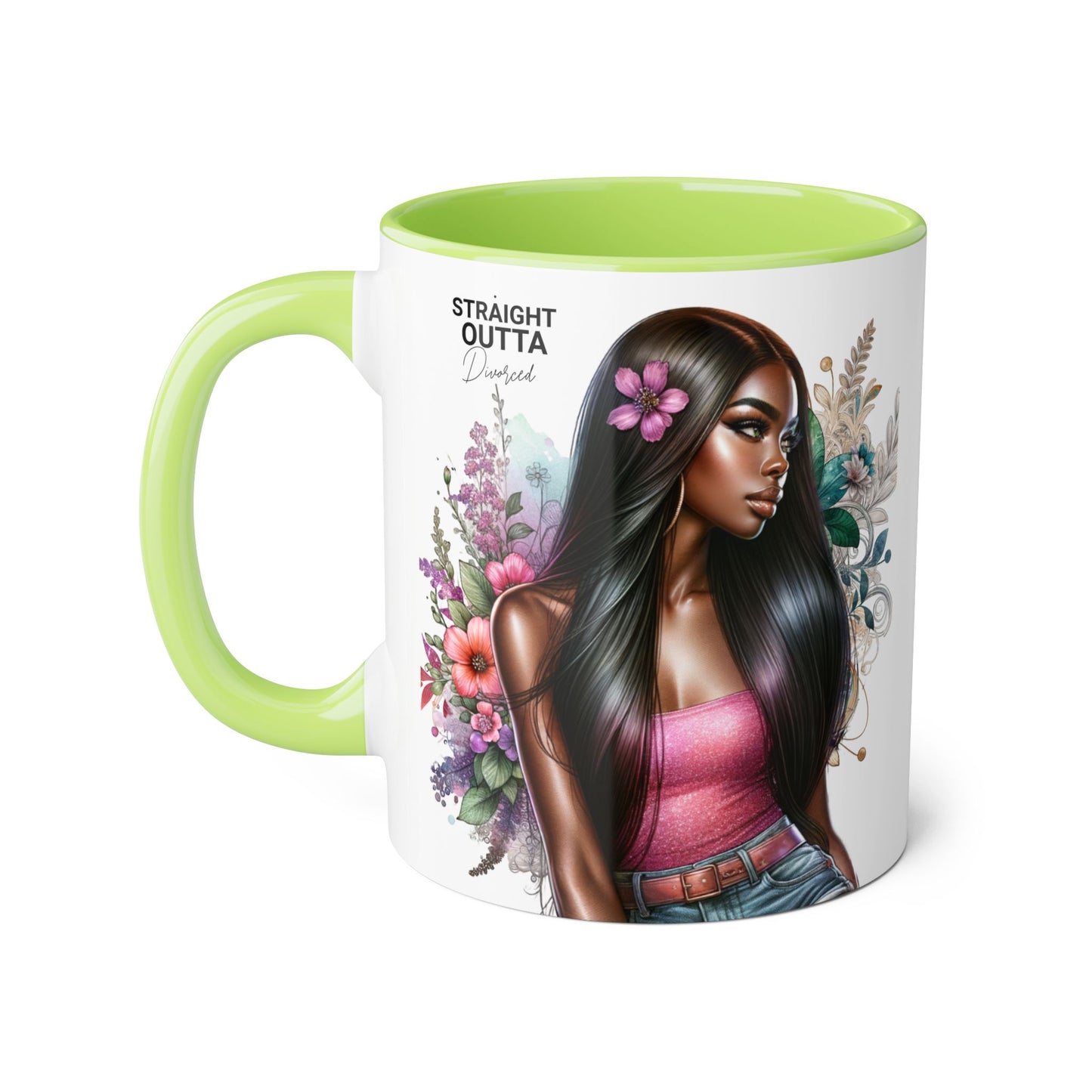 Straight Outta Divorced Humoristic Vibrant Statement Mug, Black Handle Coffee Cup, Floral Art Beverage Mug, Gift for Her, Inspirational Drinkware, Birthday Mug