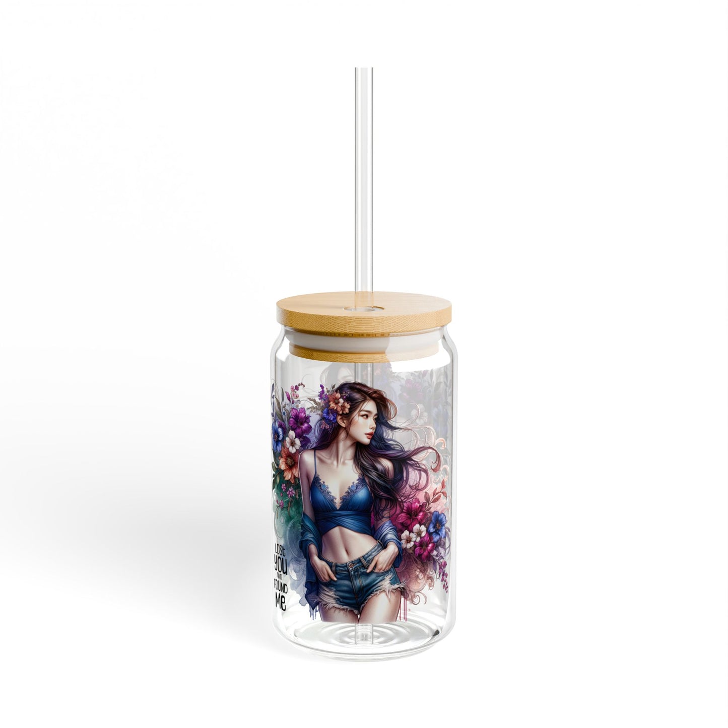 Lost You and Found Me Artistic Sipper Glass, Floral Glass Cup with Straw, Unique Drinkware, Gift for Her, Fun Summer Drinkware