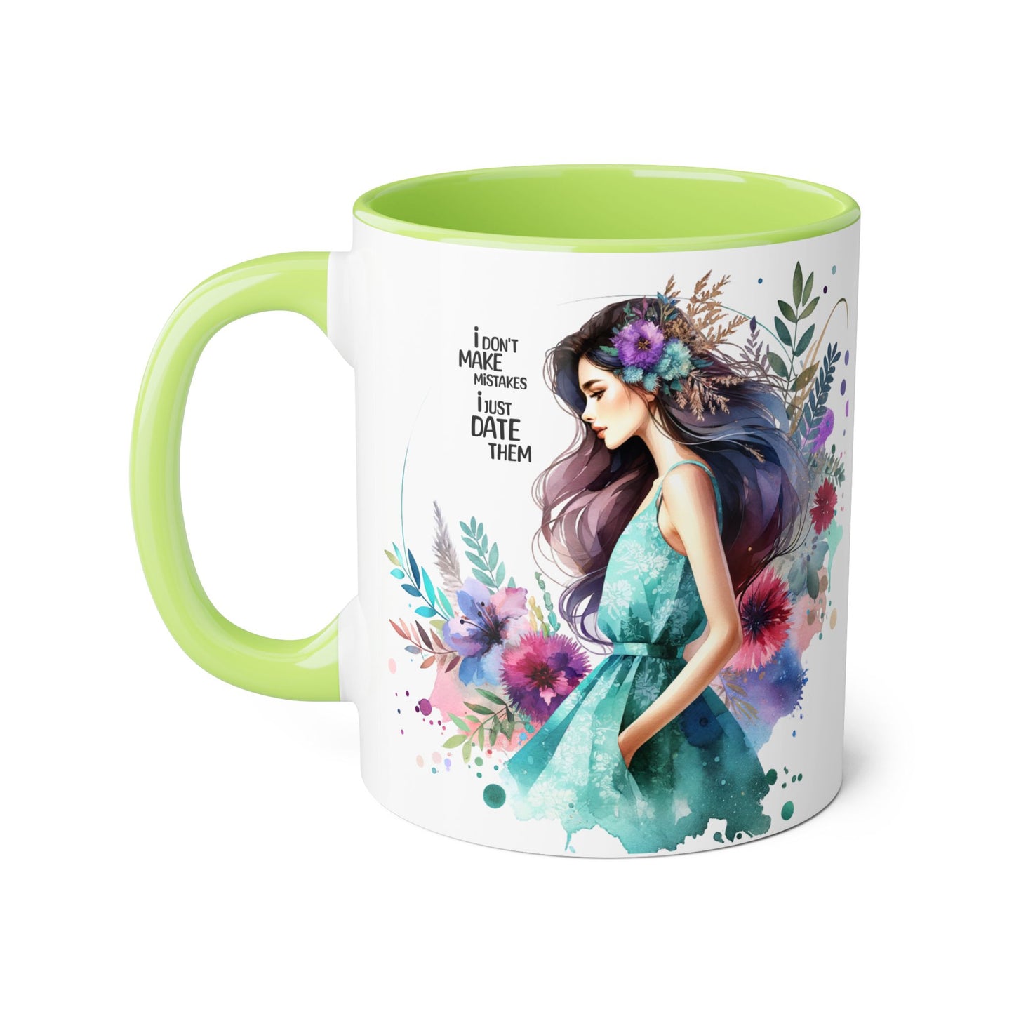 I Don't Make Mistakes, I Date Them Watercolor Floral Accent Mugs, Inspirational Coffee Cup for Nature Lovers, Gift for Her, Self-Care, Boho Style