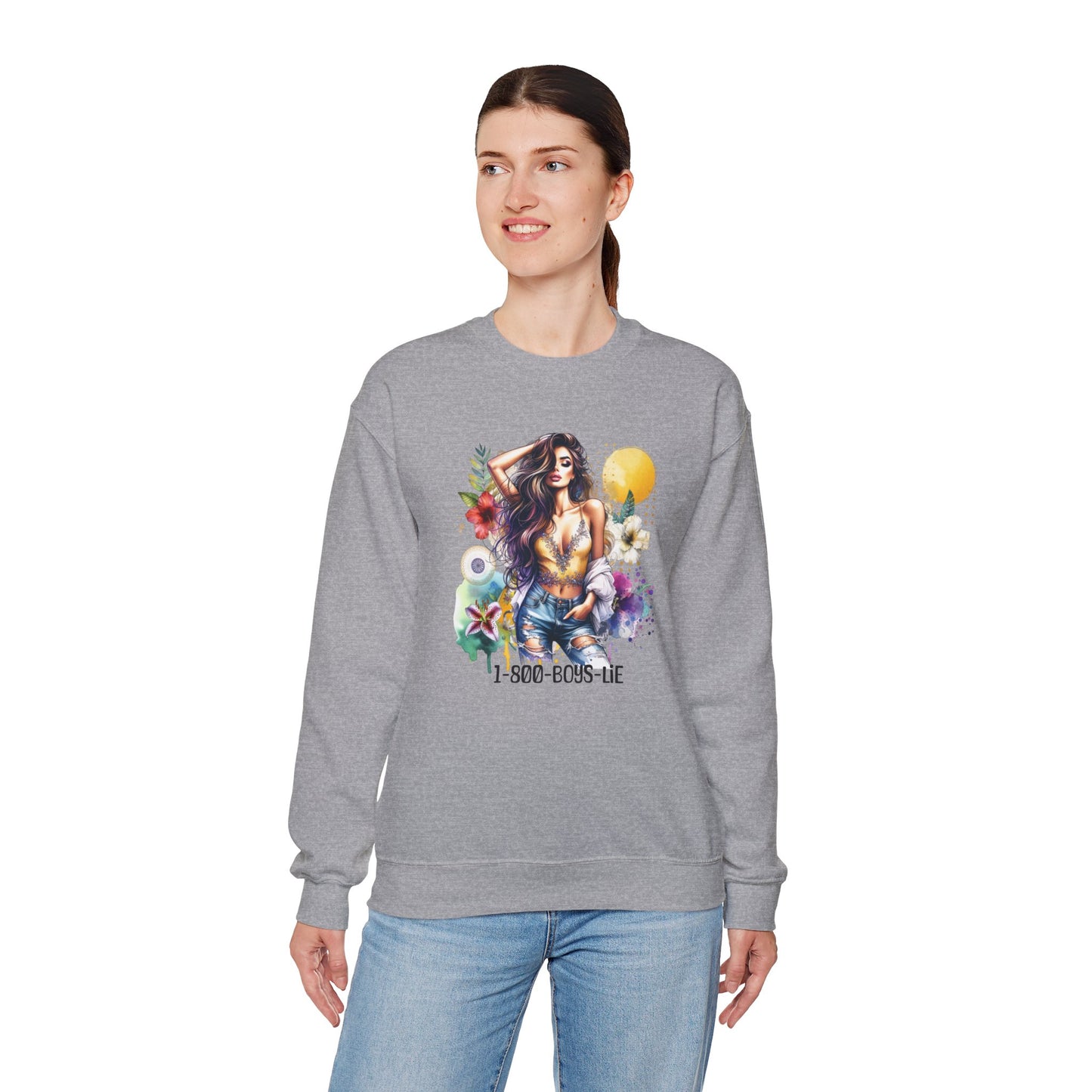 1-800-Boys-Lie Boho Chic Crewneck Sweatshirt with Floral Design, Unisex Gift, Self-Love Apparel, Cozy Casual Wear, Perfect for Relaxation