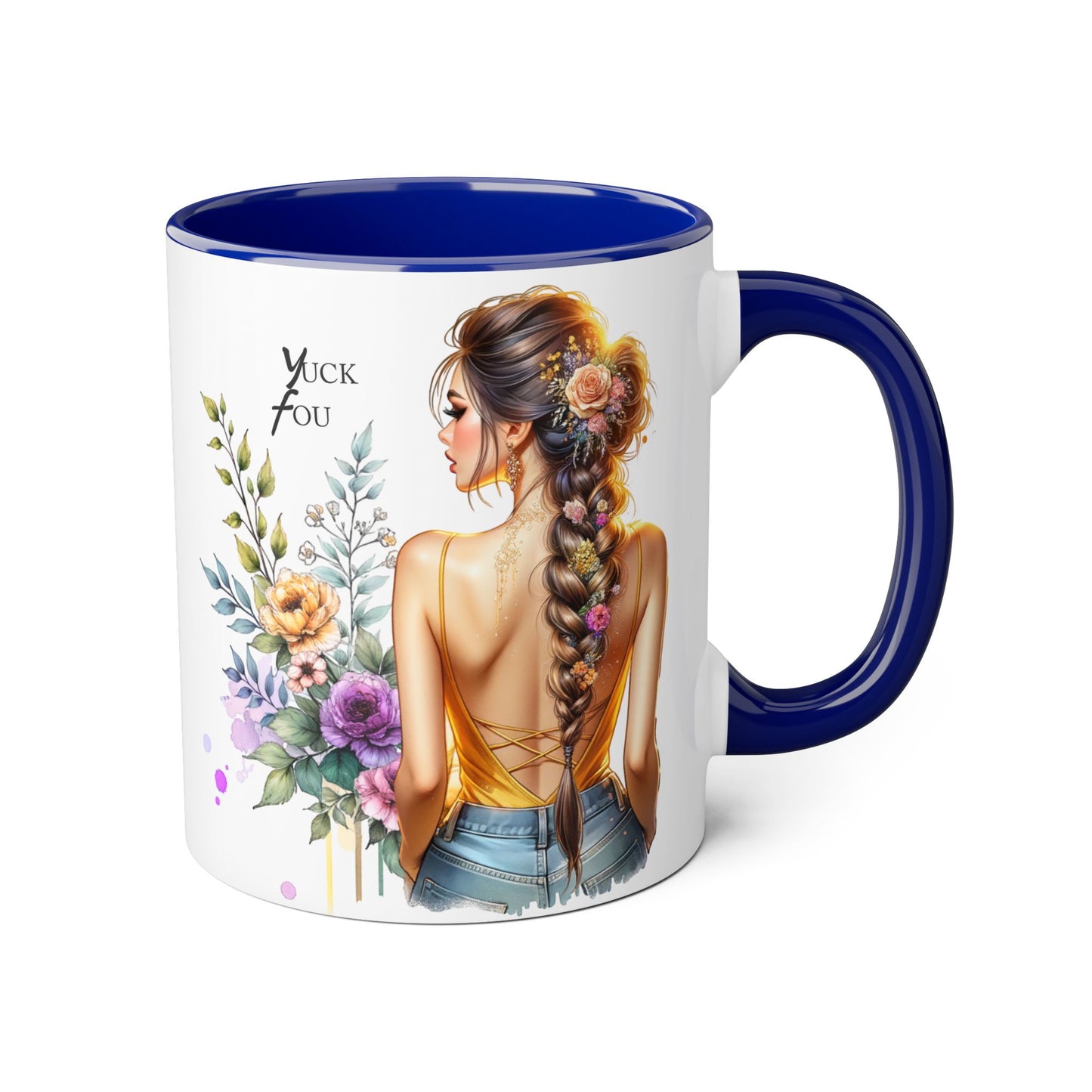 Yuck Fou Stylish Flower Girl Accent Mug, 11oz Coffee Cup, Unique Gift, Home Decor, Floral Mug for Friends, Mothers Day, Inspirational Quotes