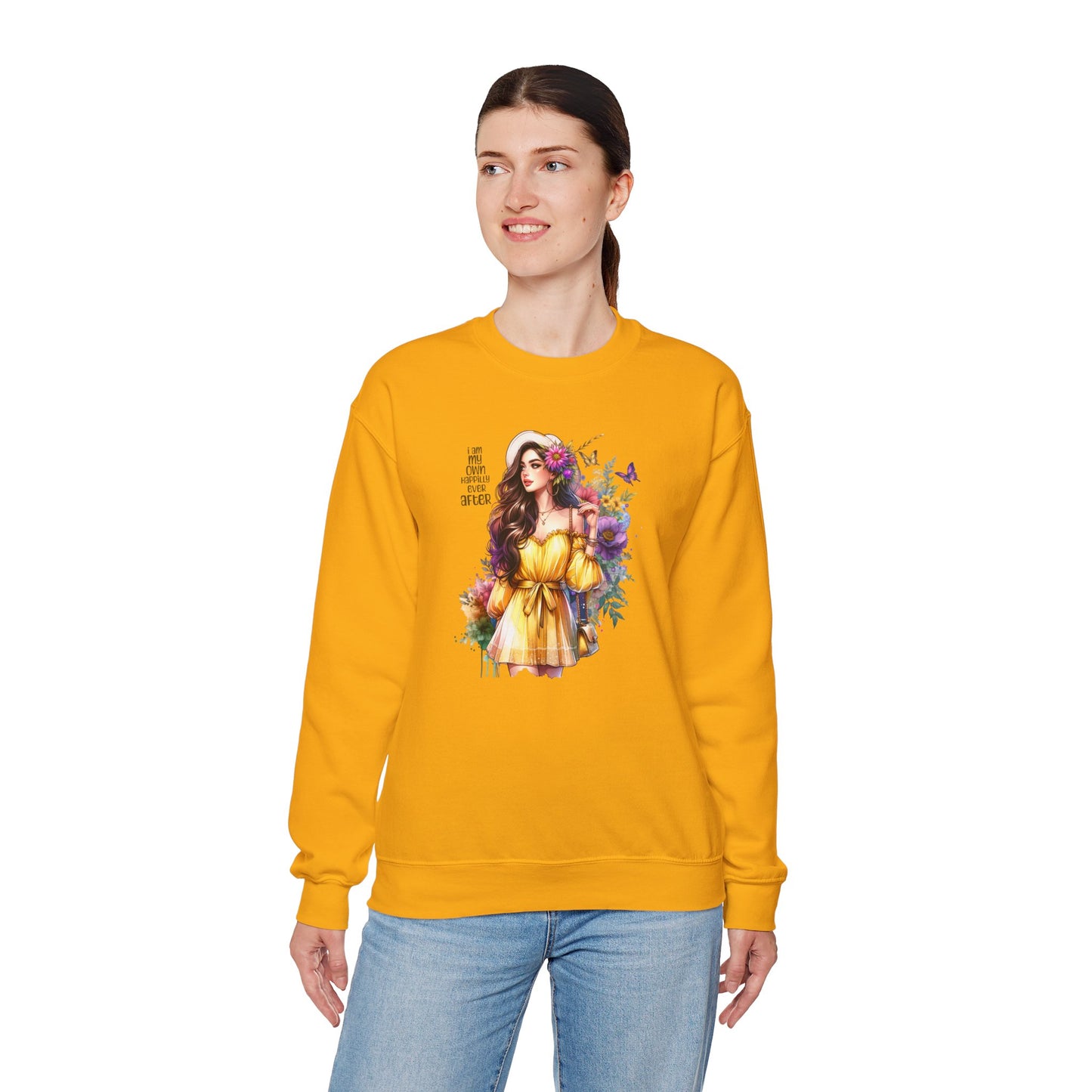 I Am My Own Happily Ever After  Floral Goddess Crewneck Sweatshirt - Boho Chic, Cozy Style, Perfect for Spring, Gift for Her, Casual Wear, Everyday Comfort
