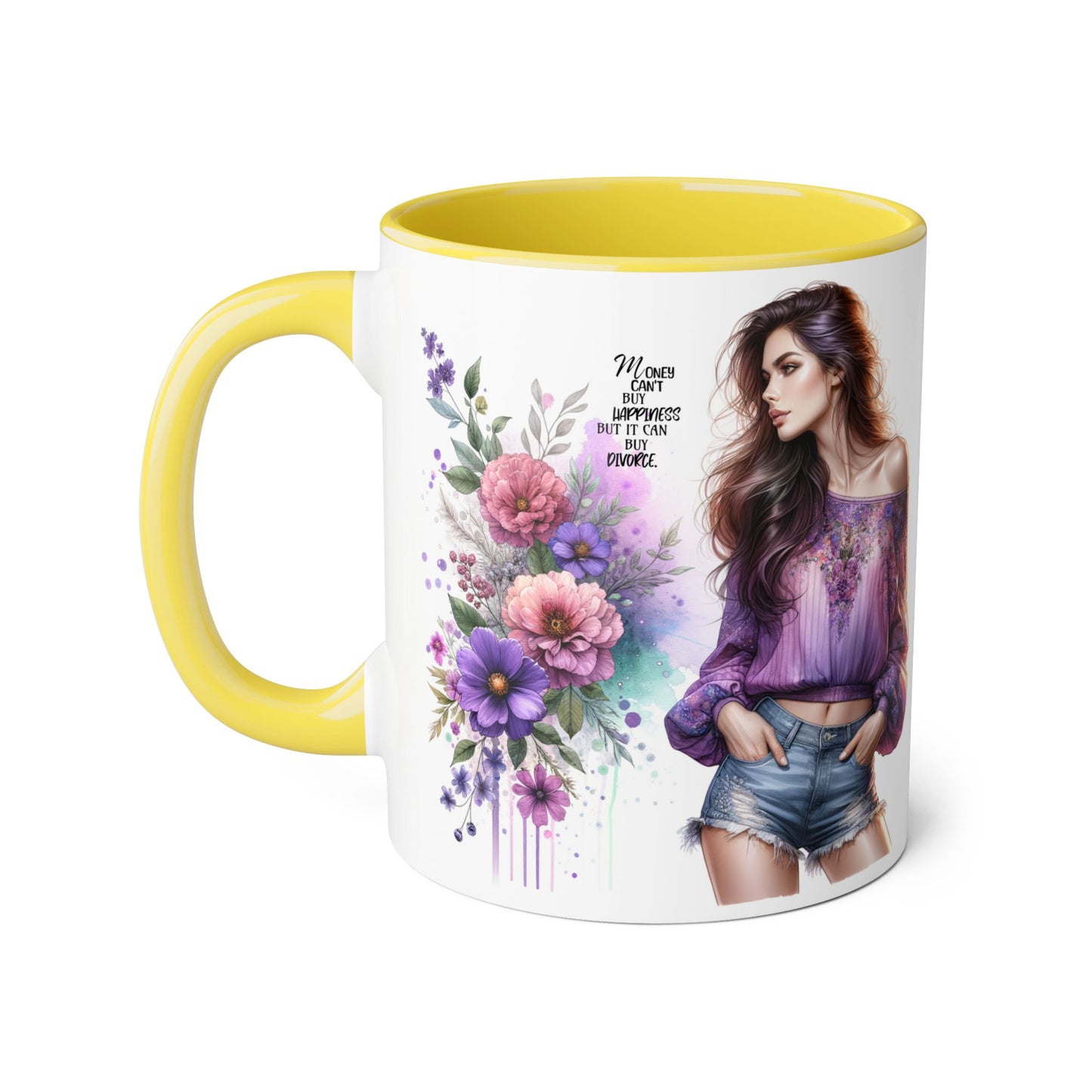 Money Can't Buy Happiness But It Can Buy Divorce Humoristic Stylish Floral Accent Mug, Coffee Cup, Gift for Her, Home Decor, Inspirational Quote, Unique Design