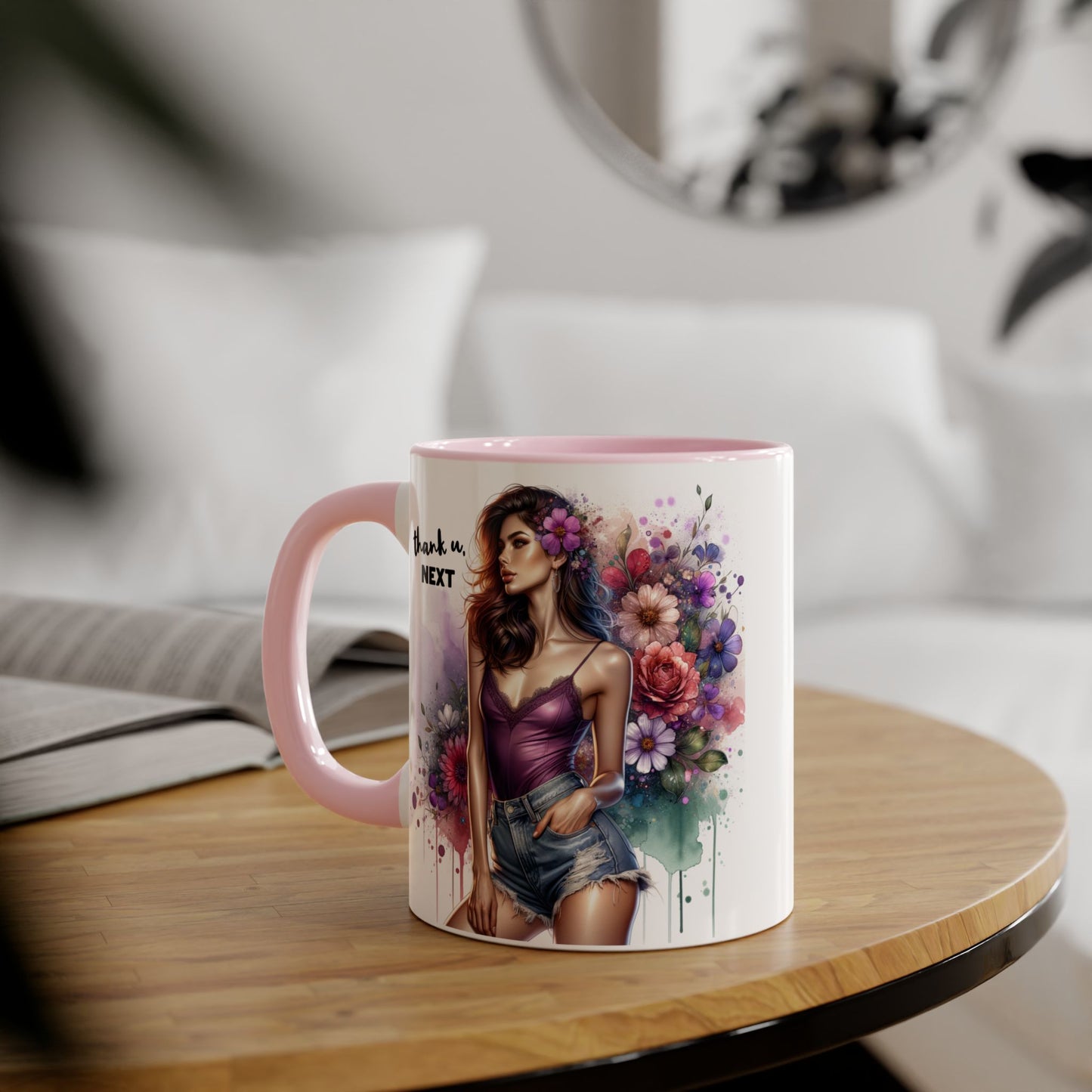 Thank U, Next Floral Accent Coffee Mug with Inspirational Quote, Gift for Her, Tea Mug for Friends, Home Decor, Birthday Present