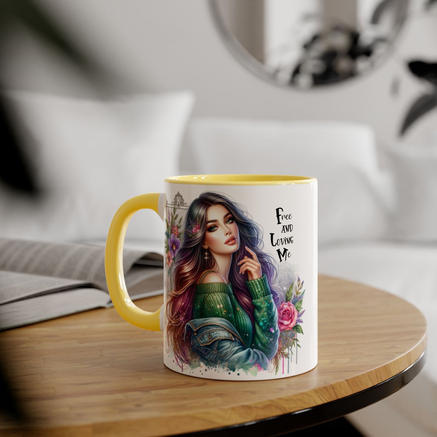 Bohemian Chic Accent Mug, Free and Loving Me 11oz Coffee Cup, Gifts for Her, Artistic Drinkware, Unique Home Decor, Floral Coffee Mug