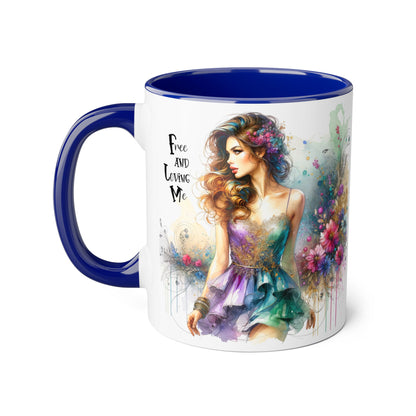 Artistic Floral Accent Mug - "Free and Loving Me" - Inspirational Coffee Cup, Gift for Her, Unique Home Decor, Special Occasion