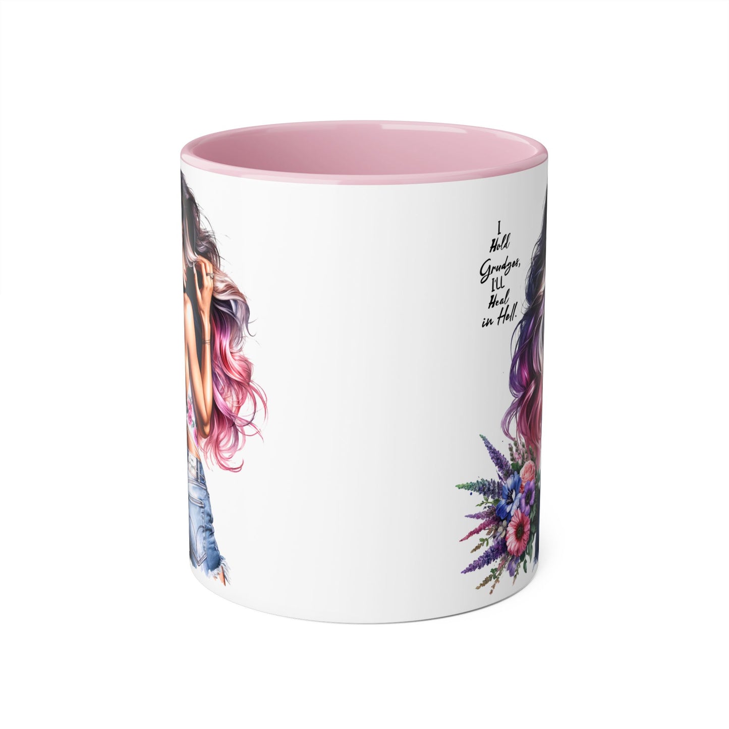 I Hold Grudges, I'll Heal in Hell  Humoristic Inspirational Accent Mug, Cute Girlfriend Gift, Black & White Coffee Cup, Floral Design, Unique Home Decor, Art Lover's Accessory
