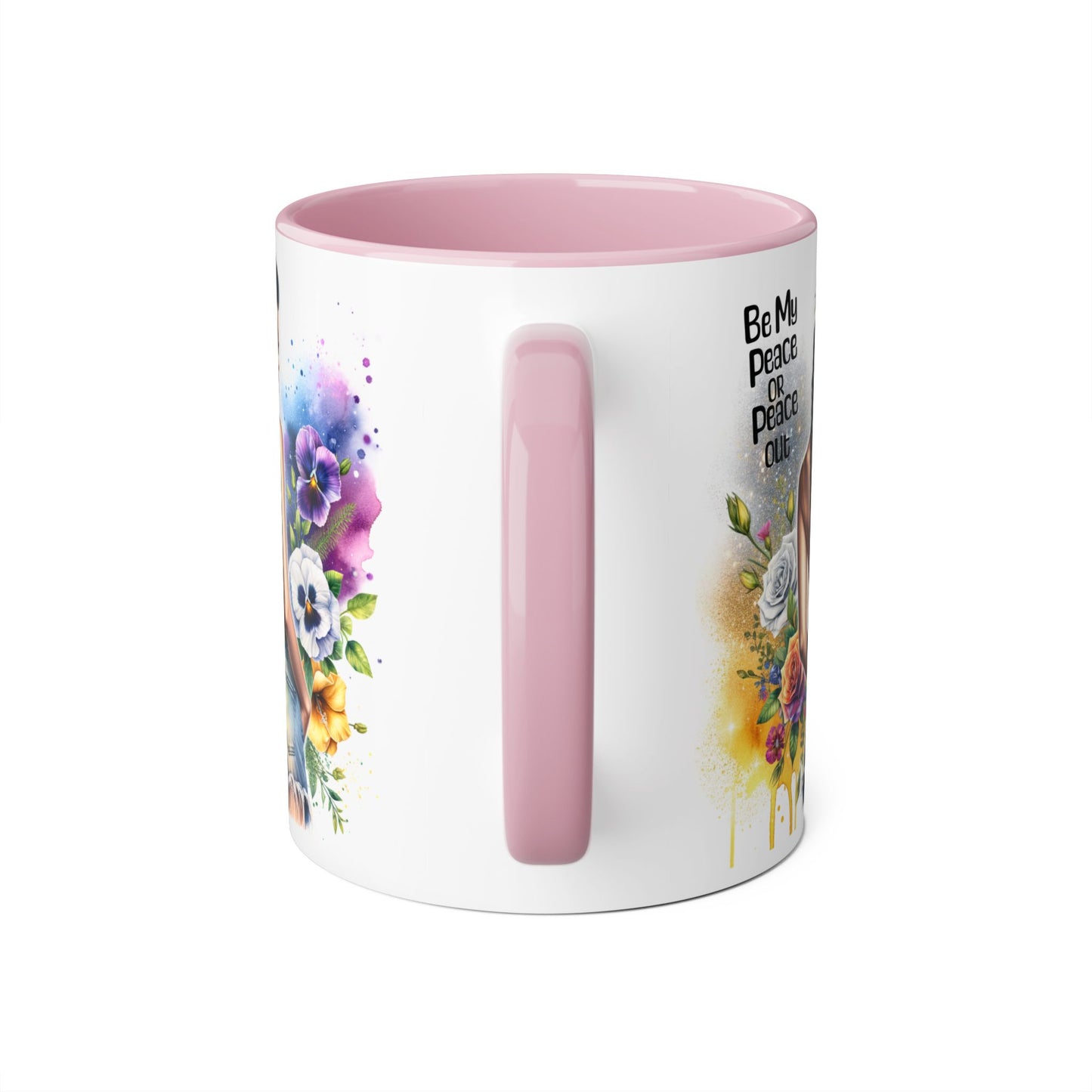 Artistic Black Handle Mug with Inspirational Message, Be My Peace or Peace Out, Unique Gift for Coffee Lovers, Colorful Floral Design, [...]