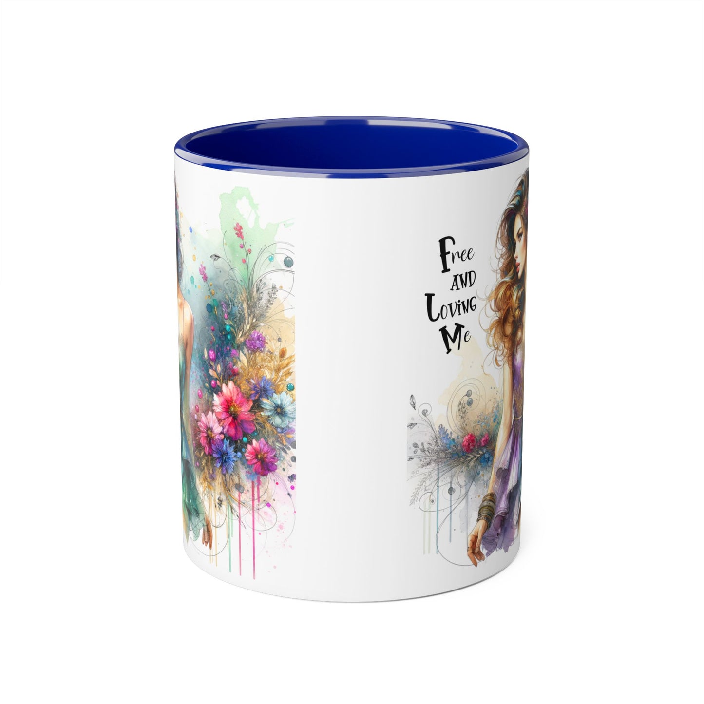 Artistic Floral Accent Mug - "Free and Loving Me" - Inspirational Coffee Cup, Gift for Her, Unique Home Decor, Special Occasion
