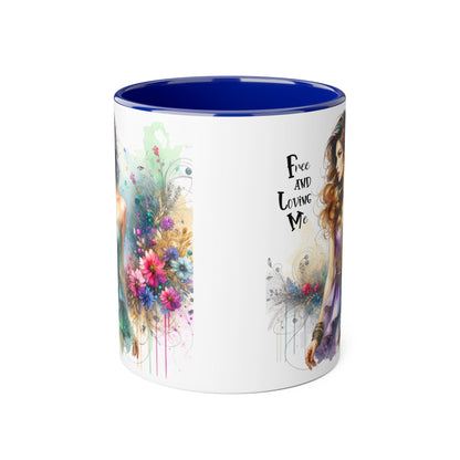 Artistic Floral Accent Mug - "Free and Loving Me" - Inspirational Coffee Cup, Gift for Her, Unique Home Decor, Special Occasion