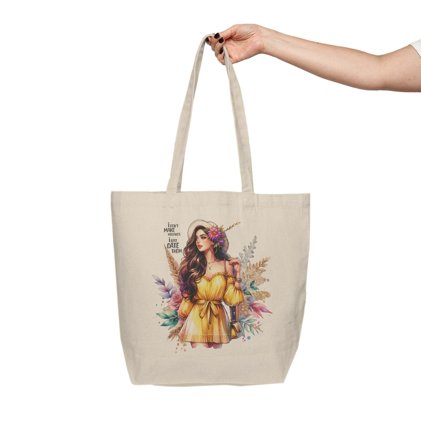 I Don`t Make Mistakes, I Just Date Them Boho Floral Canvas Shopping Tote - Eco-Friendly Grocery Bag, Beach Tote, Market Bag, Gift for Her, Trendy Reusable Bag